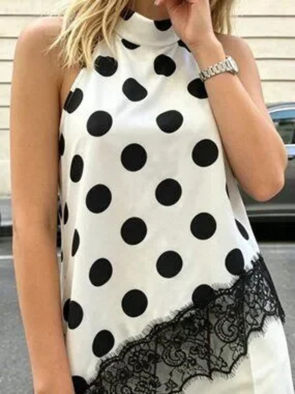 Black And White Elegant Women's French Polka Dot Halter Neck Top